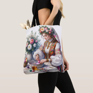 Waterverf Bulgaarse Folk Vrouw Bloemen Paaseieren Tote Bag