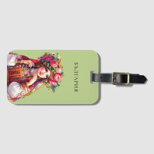 Waterverf Bulgaarse folklore vrouw rode rozen Bagagelabel (Voorkant (horizontaal))