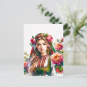 Waterverf Bulgaarse Rozen & Volksvrouw Etnisch Briefkaart (Staand voorkant)