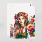 Waterverf Bulgaarse Rozen & Volksvrouw Etnisch Briefkaart (Voorkant / Achterkant)