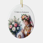 Waterverf Bulgaarse vrouw roze witte rozen folk Keramisch Ornament (Rechts)