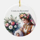 Waterverf Bulgaarse vrouw roze witte rozen folk Keramisch Ornament (Achterkant)