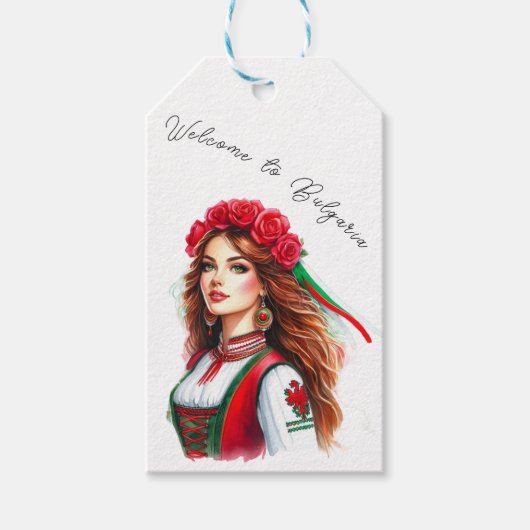 Waterverf Bulgaarse vrouw Rozen Folklore Welkom Cadeaulabel (Voorkant)