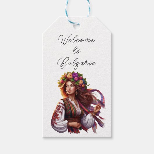Waterverf Bulgaarse vrouw Rozen Folklore Welkom Cadeaulabel (Voorkant)