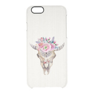 Waterverf Bull schedel en bloemen Doorzichtig iPhone 6/6S Hoesje