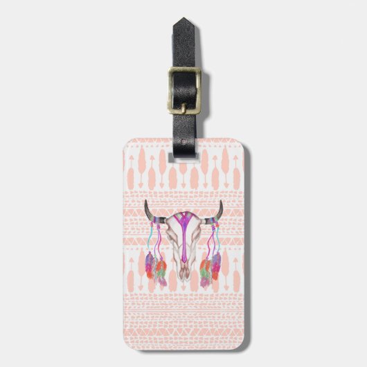 Waterverf Bull Skull Feathers en Arrow Aztec Bagagelabel (Voorkant verticaal)