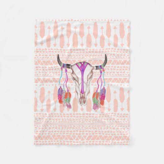 Waterverf Bull Skull Feathers en Arrow Aztec Fleece Deken (Voorkant)