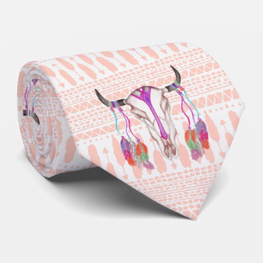 Waterverf Bull Skull Feathers en Arrow Aztec Stropdas (Opgerold)