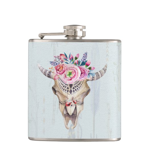 Waterverf Bull Skull Flowers en Horns Heupfles (Voorkant)