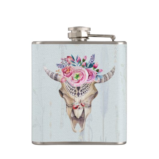 Waterverf Bull Skull Flowers en Horns Heupfles (Achterkant)