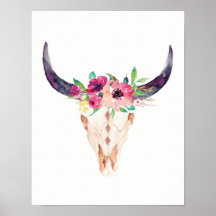 Waterverf Bull Skull met Paarse en roze bloemen