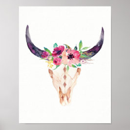 Waterverf Bull Skull met Paarse en roze bloemen Poster
