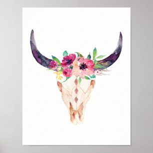 Waterverf Bull Skull met Paarse en roze bloemen Poster