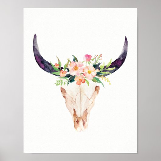 Waterverf Bull Skull met roze bloemen Poster (Voorkant)