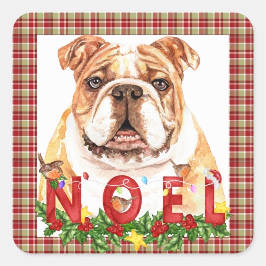 Waterverf Bulldog Noel Kerstmis Vierkante Sticker (Voorkant)