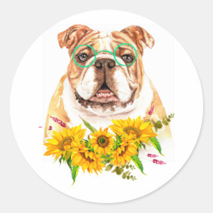Waterverf Bulldog & Sunflower Ronde Sticker