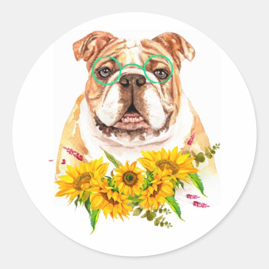 Waterverf Bulldog & Sunflower Ronde Sticker (Voorkant)