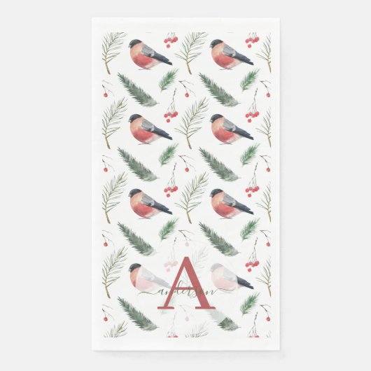 Waterverf Bullfinch Pine Fir Monogram Kerst Servet (Voorkant)
