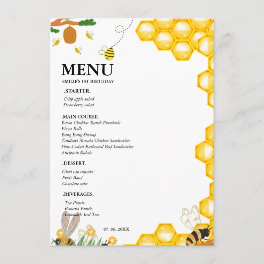 Waterverf Bumble Bee bloemenfeest Verjaardagsfeest Menu (Voorkant)