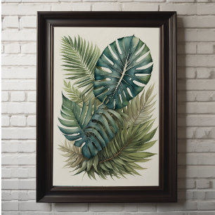 Waterverf Bundel van Tropisch Monstera Palmblad 2 Poster