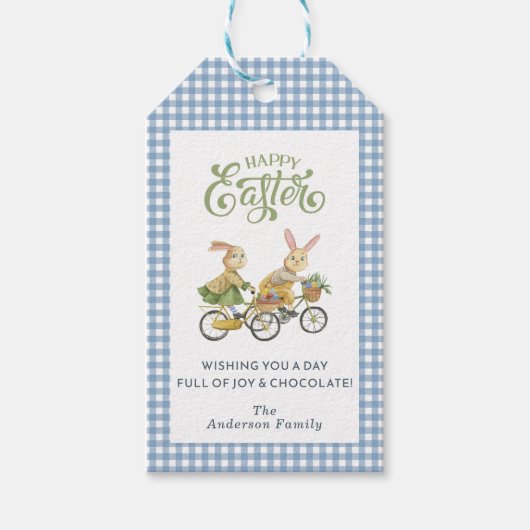Waterverf Bunnies, Schattige Happy Easter Gingham Cadeaulabel (Voorkant)