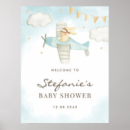 Waterverf Bunny Airplane Blue Baby shower Welkom Poster
