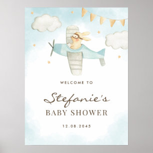 Waterverf Bunny Airplane Blue Baby shower Welkom Poster