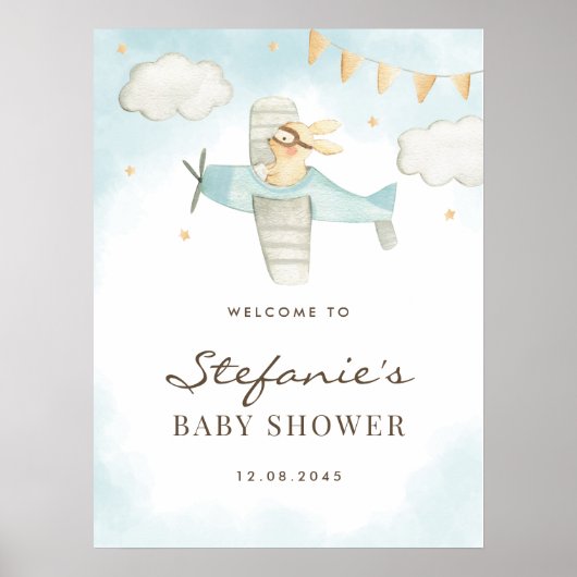 Waterverf Bunny Airplane Blue Baby shower Welkom Poster (Voorkant)