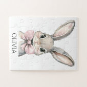 Waterverf Bunny Animal Pink Bow Custom Name Kinder Legpuzzel (Horizontaal)