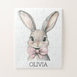 Waterverf Bunny Animal Pink Bow Custom Name Kinder Legpuzzel