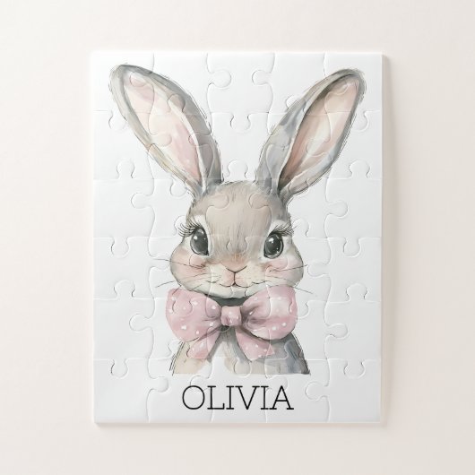 Waterverf Bunny Animal Pink Bow Custom Name Kinder Legpuzzel (Verticaal)