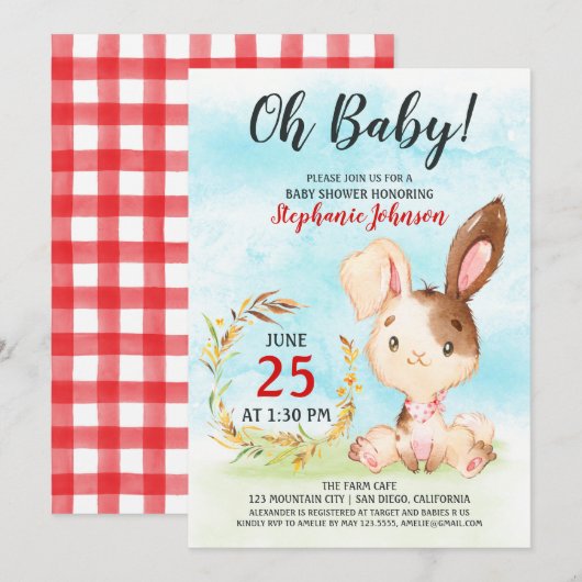 Waterverf Bunny Baby shower Boerderij Uitnodiging (Voorkant / Achterkant)