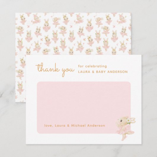 Waterverf Bunny Ballerina Baby shower Bedankkaart (Voorkant / Achterkant)