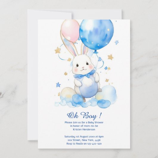 Waterverf Bunny Boy Baby shower Uitnodiging (Voorkant)