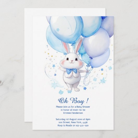 Waterverf Bunny Boy Baby shower Uitnodiging (Voorkant / Achterkant)