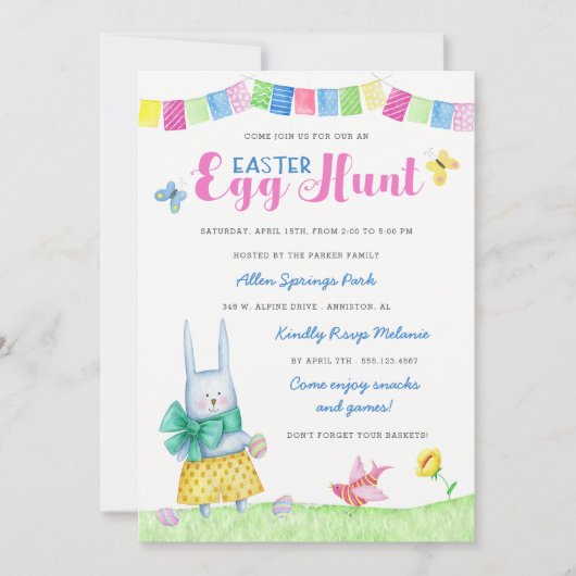 Waterverf Bunny Easter Egg Hunt Uitnodiging (Voorkant)