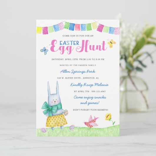 Waterverf Bunny Easter Egg Hunt Uitnodiging (Staand voorkant)