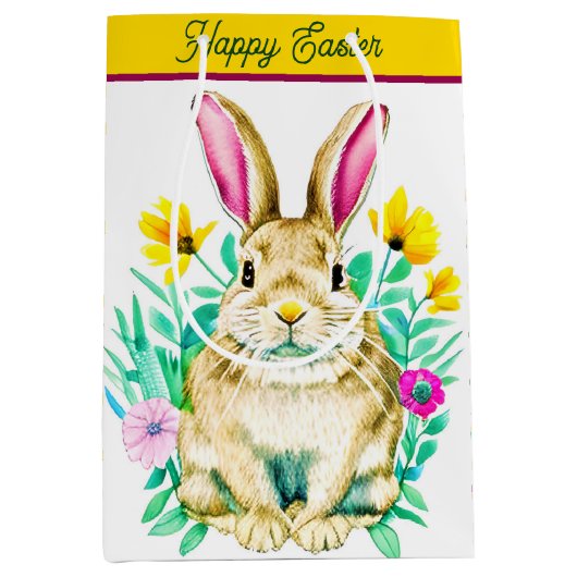 Waterverf bunny en bloemen easter medium cadeauzakje (Voorkant)