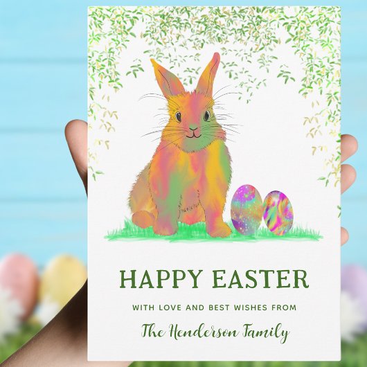 Waterverf Bunny en Eieren Happy Pasen Feestdagenkaart