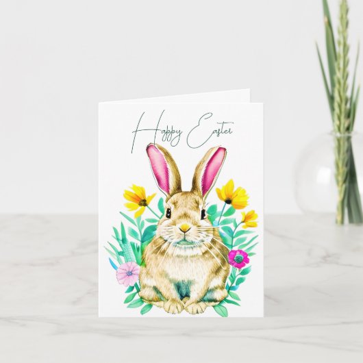 Waterverf bunny en lentbloemen, aangepast Pasen Kaart (Voorkant)