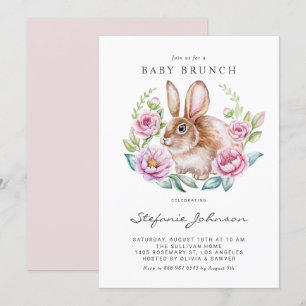 Waterverf Bunny en Roze Bloemen Baby Brunch Kaart