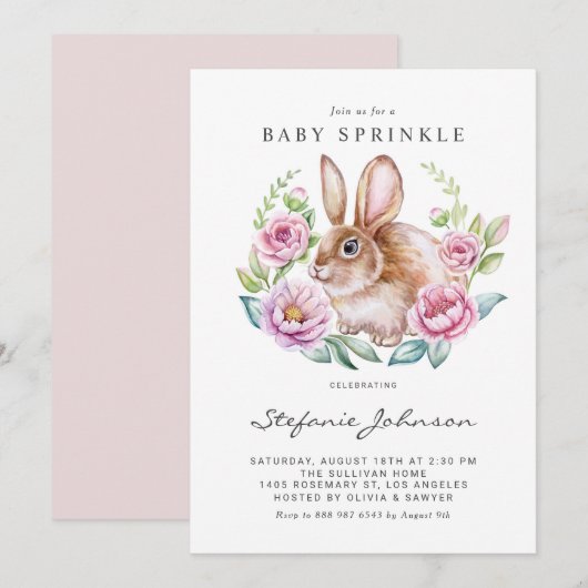 Waterverf Bunny en Roze Bloemen Baby Sprinkle Kaart (Voorkant / Achterkant)