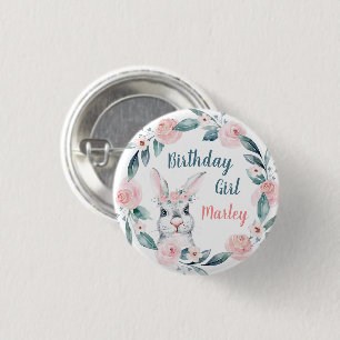 Waterverf Bunny Floral Birthday Girl, elke leeftij Ronde Button 3,2 Cm