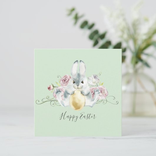 Waterverf Bunny & Flowers Pasen Kaart (Staand voorkant)