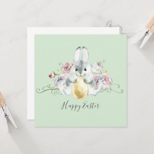 Waterverf Bunny & Flowers Pasen Kaart (Voorkant / Achterkant in situ)