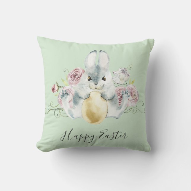 Waterverf Bunny & Flowers Pasen Kussen (Voorkant)