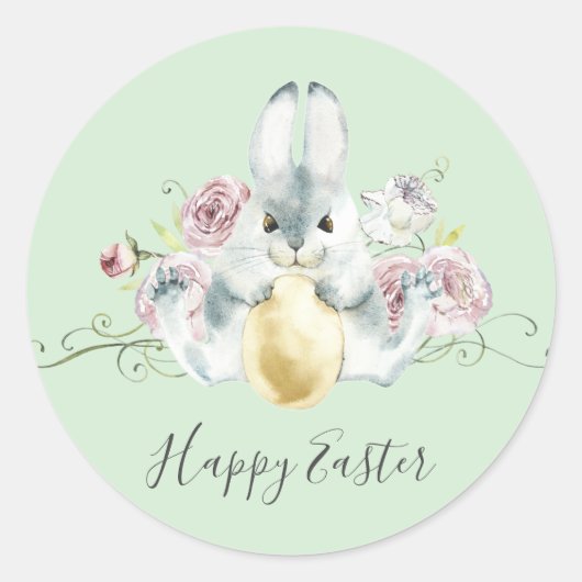 Waterverf Bunny & Flowers Pasen Ronde Sticker (Voorkant)