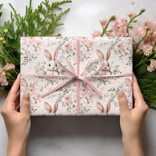 Waterverf Bunny Gezichten & Bloemenkrans Cadeaupapier