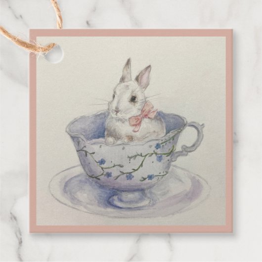 Waterverf Bunny in Teacup | grillig vierkant cadea Bedankjes Labels (Voorkant)