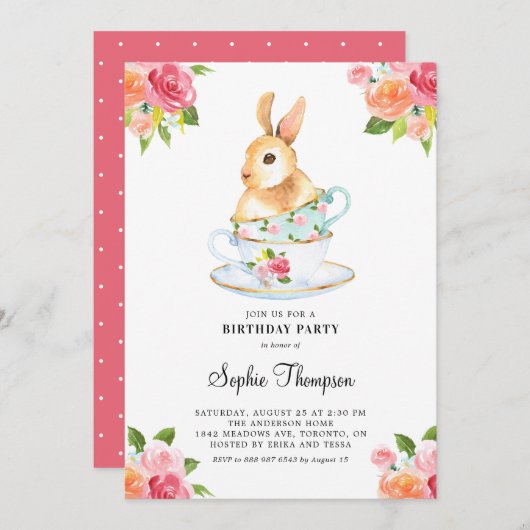 Waterverf Bunny over Teacups Birthday Tea Party Kaart (Voorkant / Achterkant)